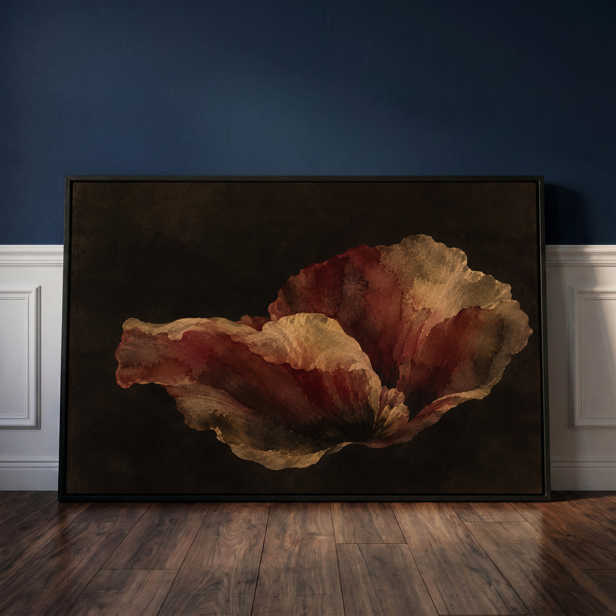 Single burgundy and gold poppy bloom floating on a near black background, burgundy canvas print