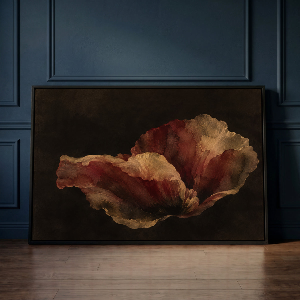 Dark floral canvas wall art showing single burgundy and gold poppy bloom floating on a near black background