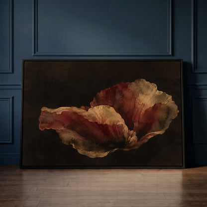 Dark floral canvas wall art showing single burgundy and gold poppy bloom floating on a near black background