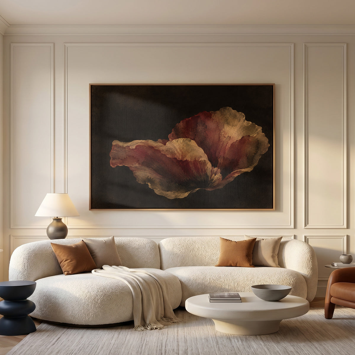 Moody botanical canvas wall art showing single burgundy and gold poppy bloom floating on a near black background