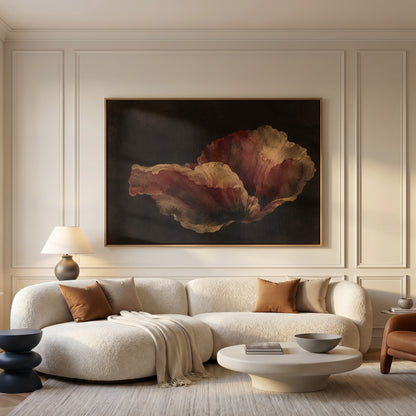 Moody botanical canvas wall art showing single burgundy and gold poppy bloom floating on a near black background