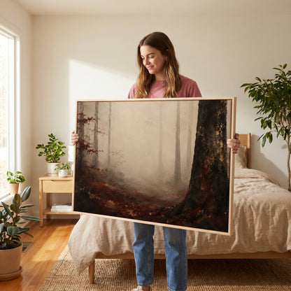 Moody landscape canvas wall art showing misty forest with pale trunks fading into fog and one dark trunk in the foreground