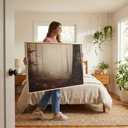 Neutral canvas wall art showing misty forest with pale trunks fading into fog and one dark trunk in the foreground