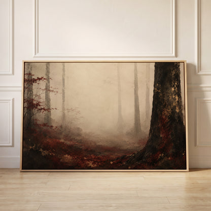 Misty forest with pale trunks fading into fog and one dark trunk in the foreground, canvas wall art