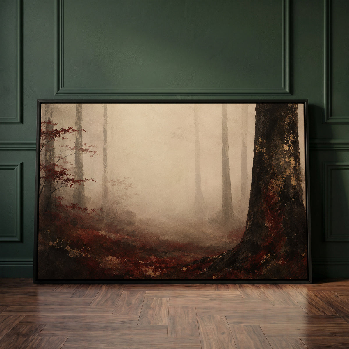 Misty forest with pale trunks fading into fog and one dark trunk in the foreground, canvas print