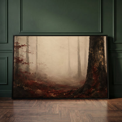 Misty forest with pale trunks fading into fog and one dark trunk in the foreground, canvas print