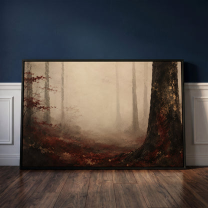 Tree canvas canvas wall art showing misty forest with pale trunks fading into fog and one dark trunk in the foreground