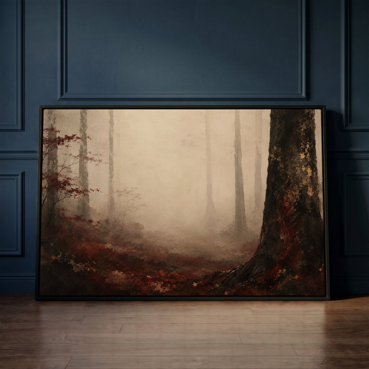 Foggy forest canvas wall art showing misty forest with pale trunks fading into fog and one dark trunk in the foreground