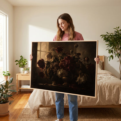 Dining room canvas wall art showing dark still life of red and cream peonies in a vase backlit by a leaded window