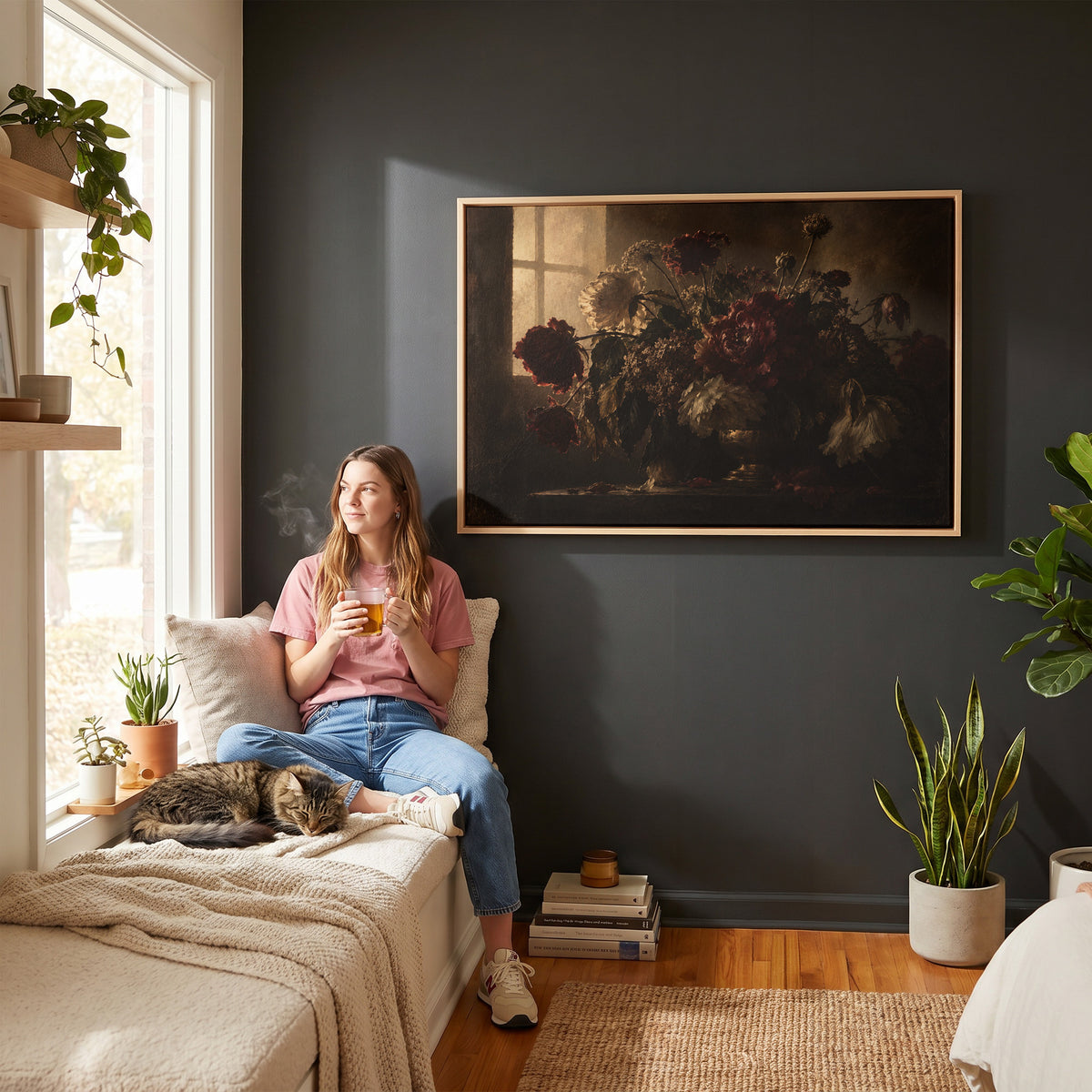 Gothic canvas wall art showing dark still life of red and cream peonies in a vase backlit by a leaded window