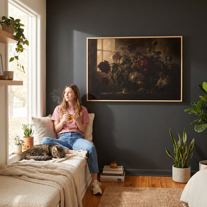 Gothic canvas wall art showing dark still life of red and cream peonies in a vase backlit by a leaded window