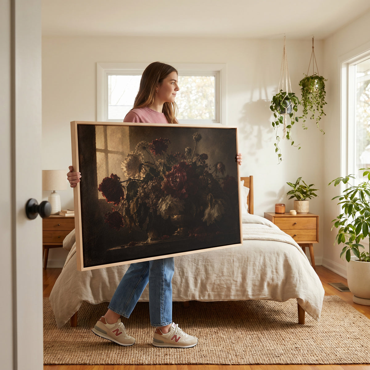 Vintage flower canvas wall art showing dark still life of red and cream peonies in a vase backlit by a leaded window