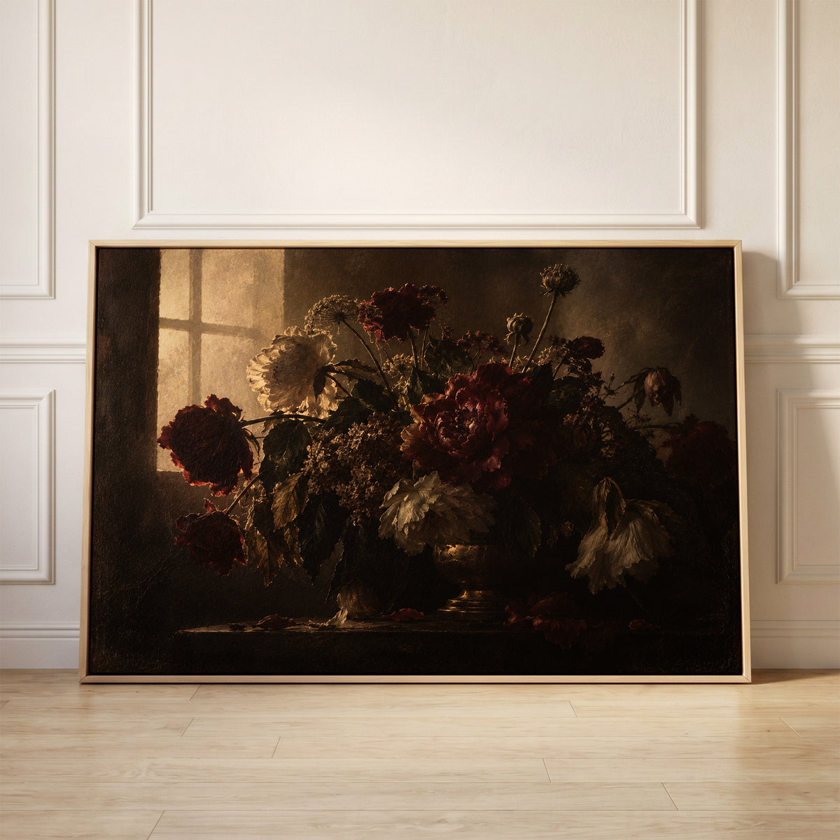 Dark still life of red and cream peonies in a vase backlit by a leaded window, canvas wall art