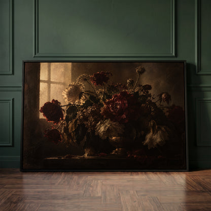 Dark still life of red and cream peonies in a vase backlit by a leaded window, wall art print