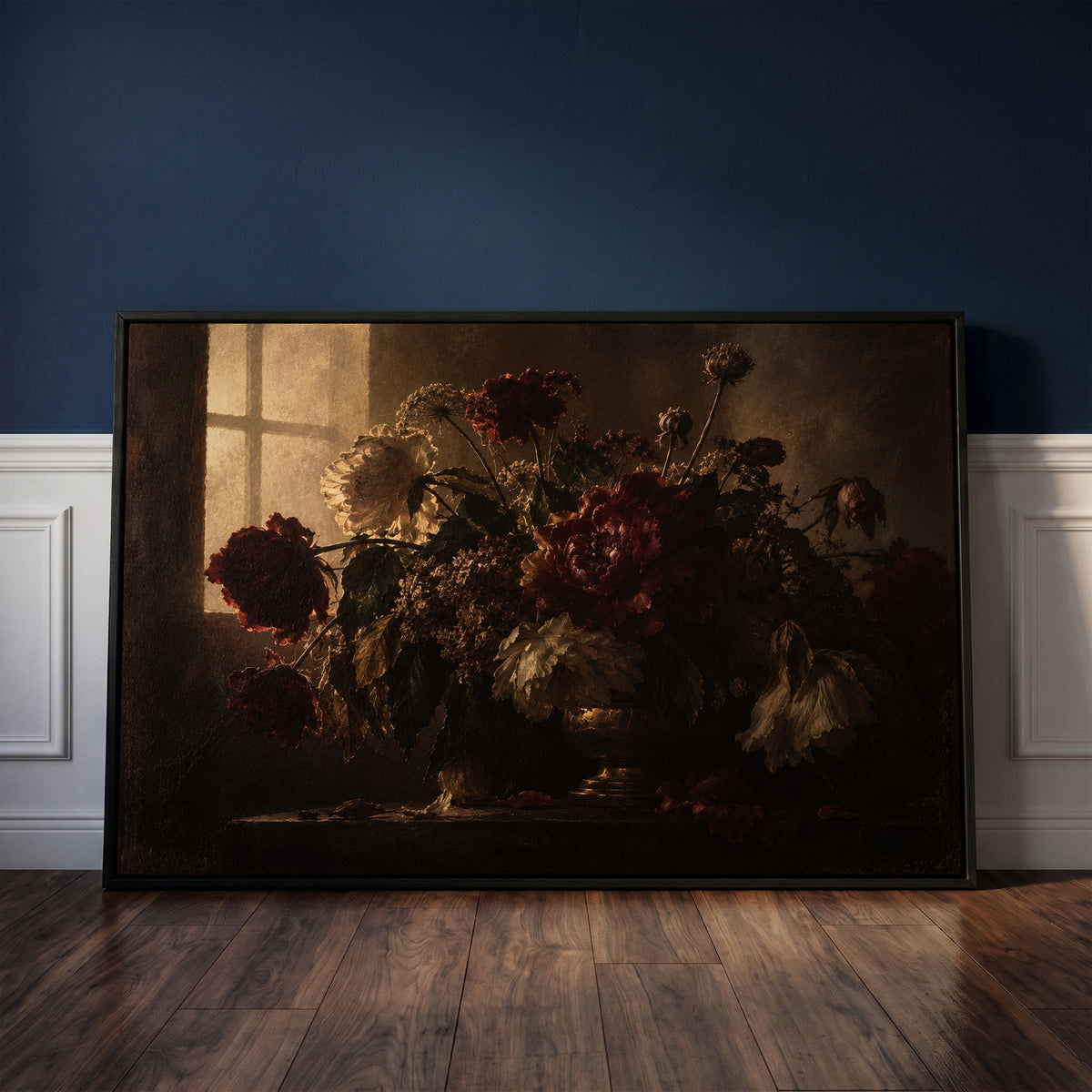 Peony canvas wall art showing dark still life of red and cream peonies in a vase backlit by a leaded window