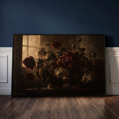 Peony canvas wall art showing dark still life of red and cream peonies in a vase backlit by a leaded window