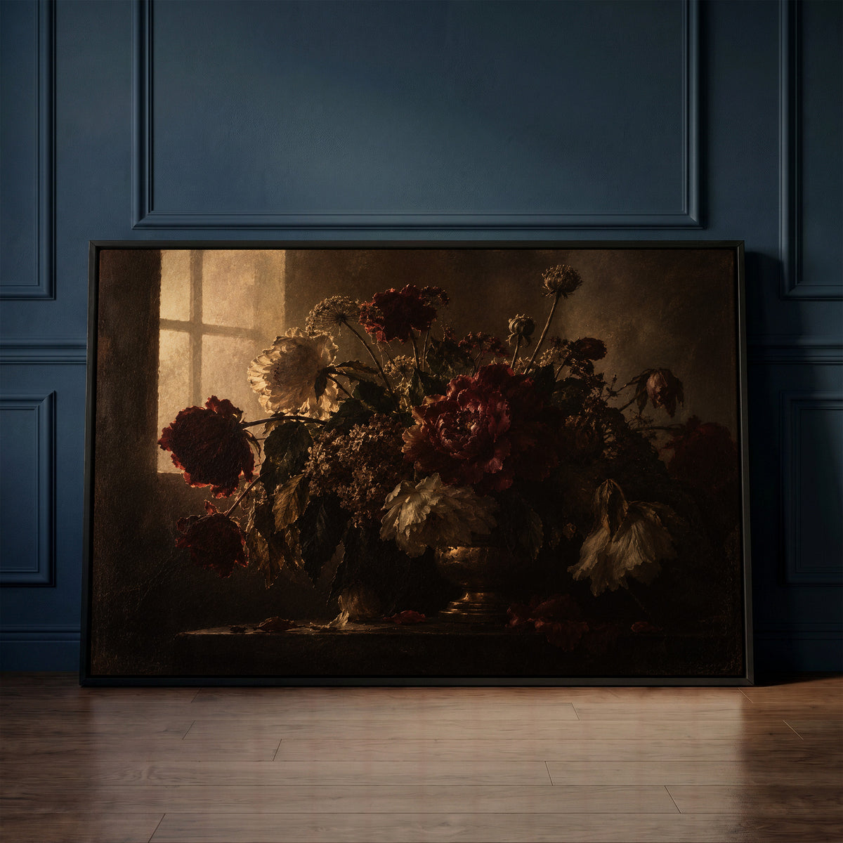 Dark botanical canvas wall art showing dark still life of red and cream peonies in a vase backlit by a leaded window