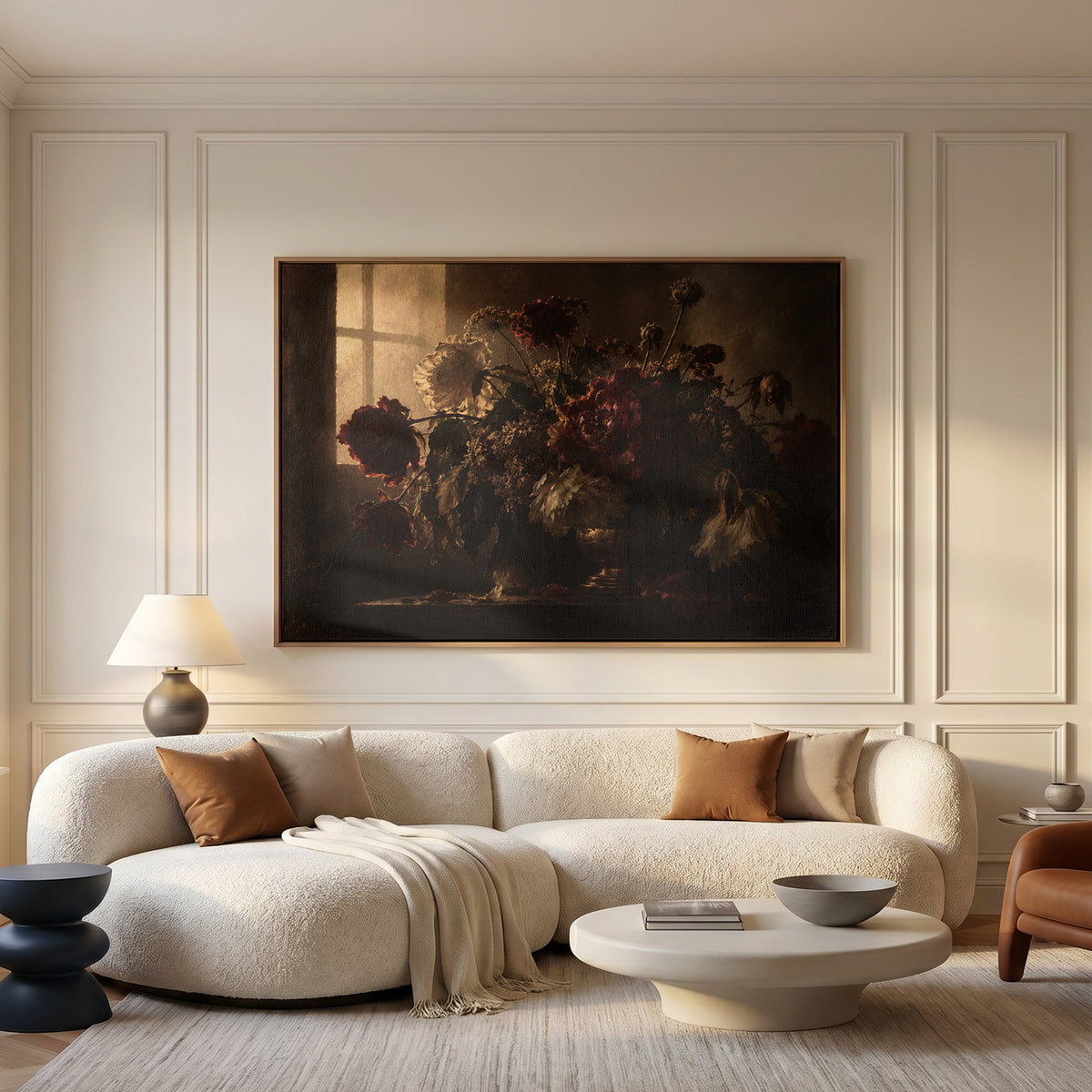 Still life canvas wall art showing dark still life of red and cream peonies in a vase backlit by a leaded window