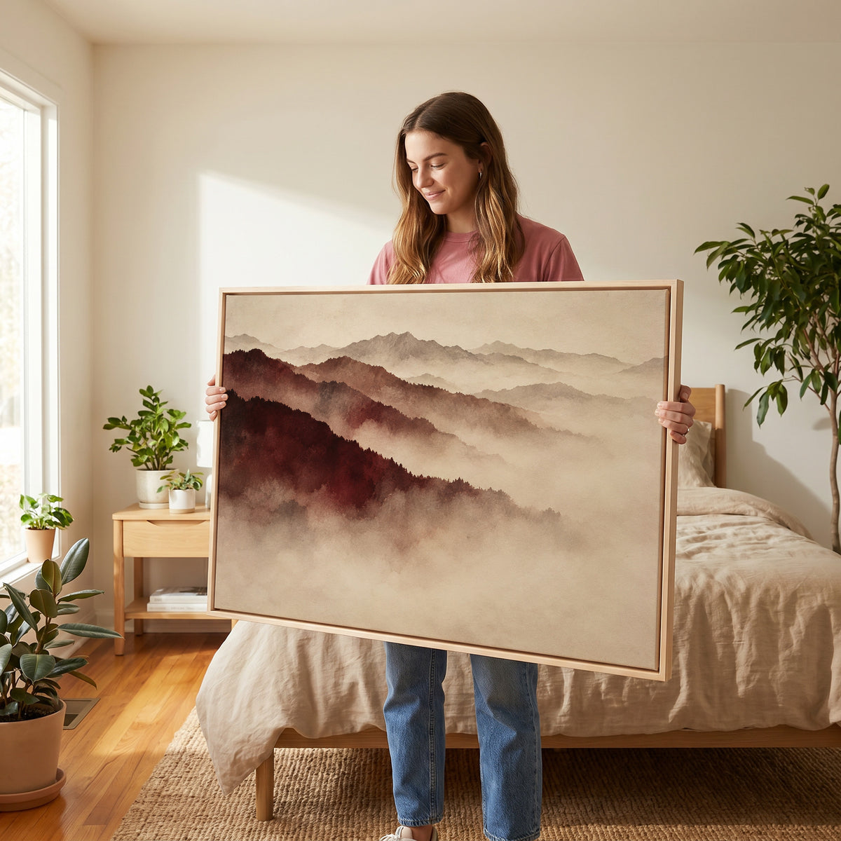 Layered ridges canvas wall art showing layered mountain ridges in deep red fading into pale mist toward the horizon