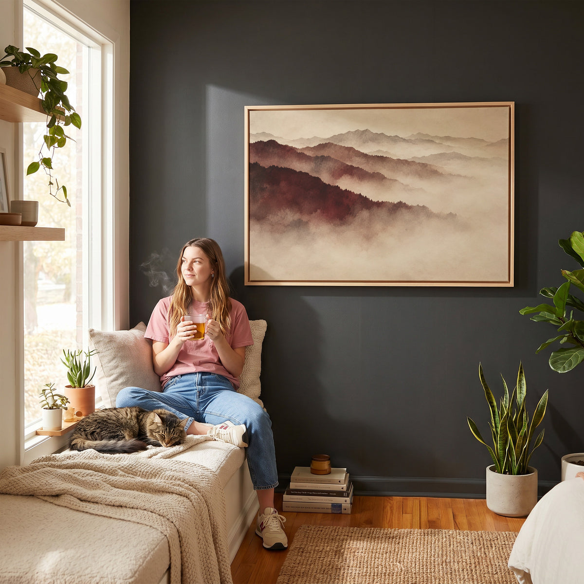 Burgundy canvas wall art showing layered mountain ridges in deep red fading into pale mist toward the horizon