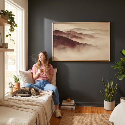 Burgundy canvas wall art showing layered mountain ridges in deep red fading into pale mist toward the horizon