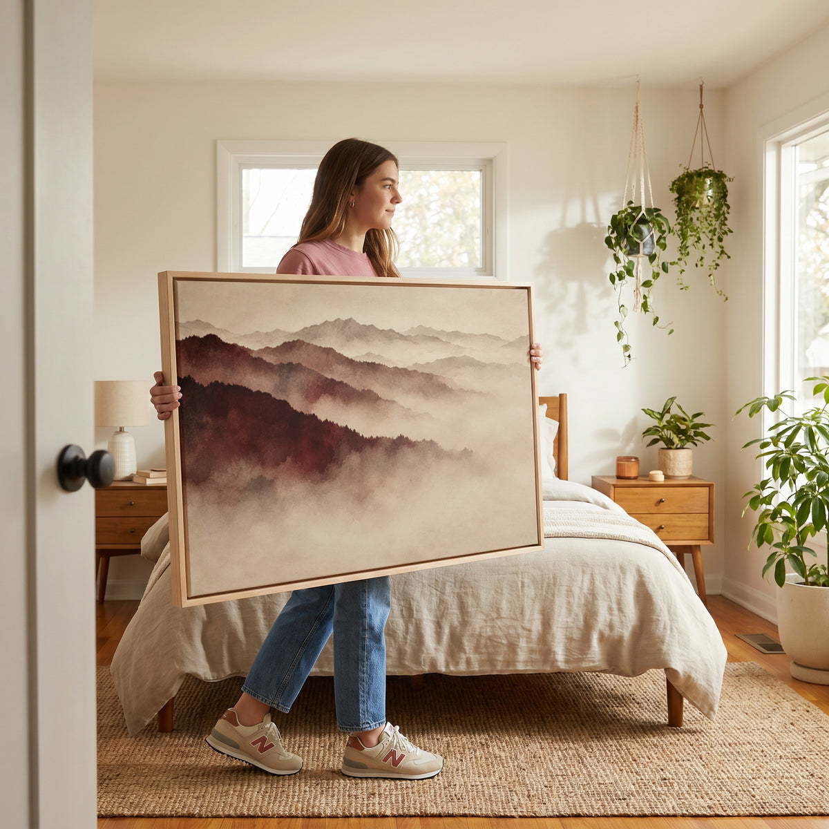Moody landscape canvas wall art showing layered mountain ridges in deep red fading into pale mist toward the horizon