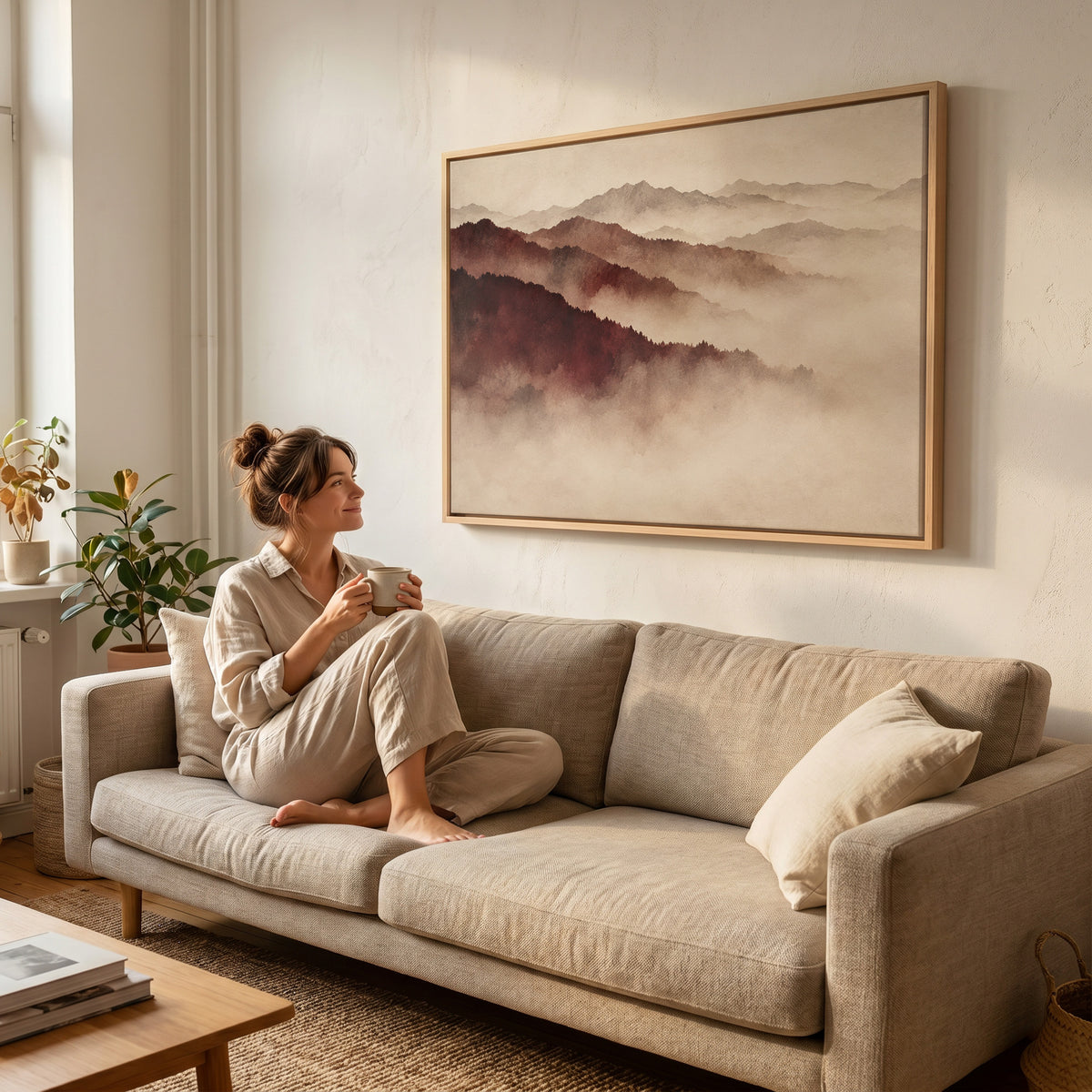 Japandi canvas wall art showing layered mountain ridges in deep red fading into pale mist toward the horizon