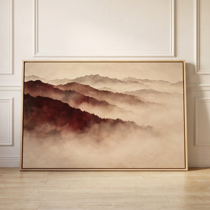Layered mountain ridges in deep red fading into pale mist toward the horizon, canvas wall art