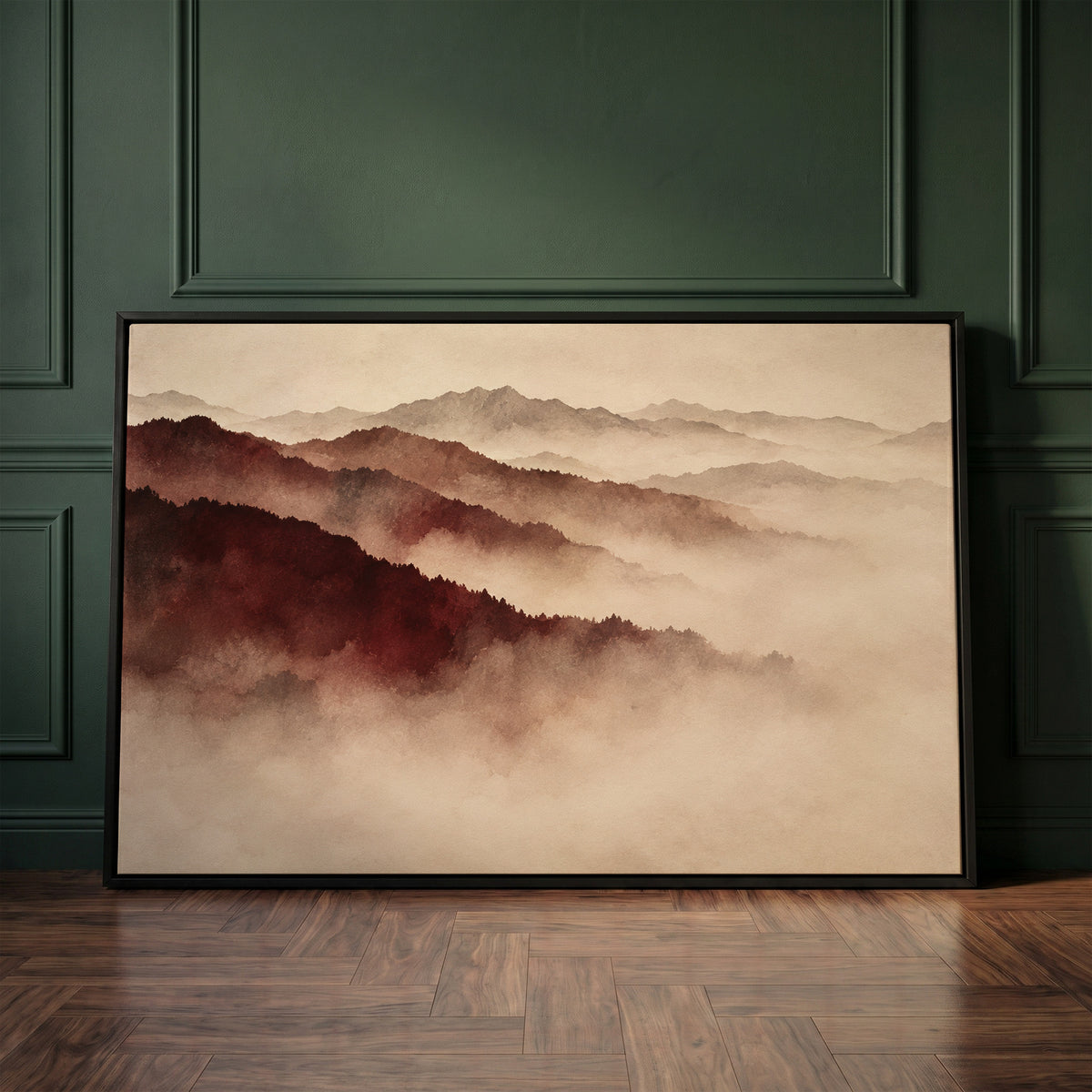 Mountain canvas wall art showing layered mountain ridges in deep red fading into pale mist toward the horizon