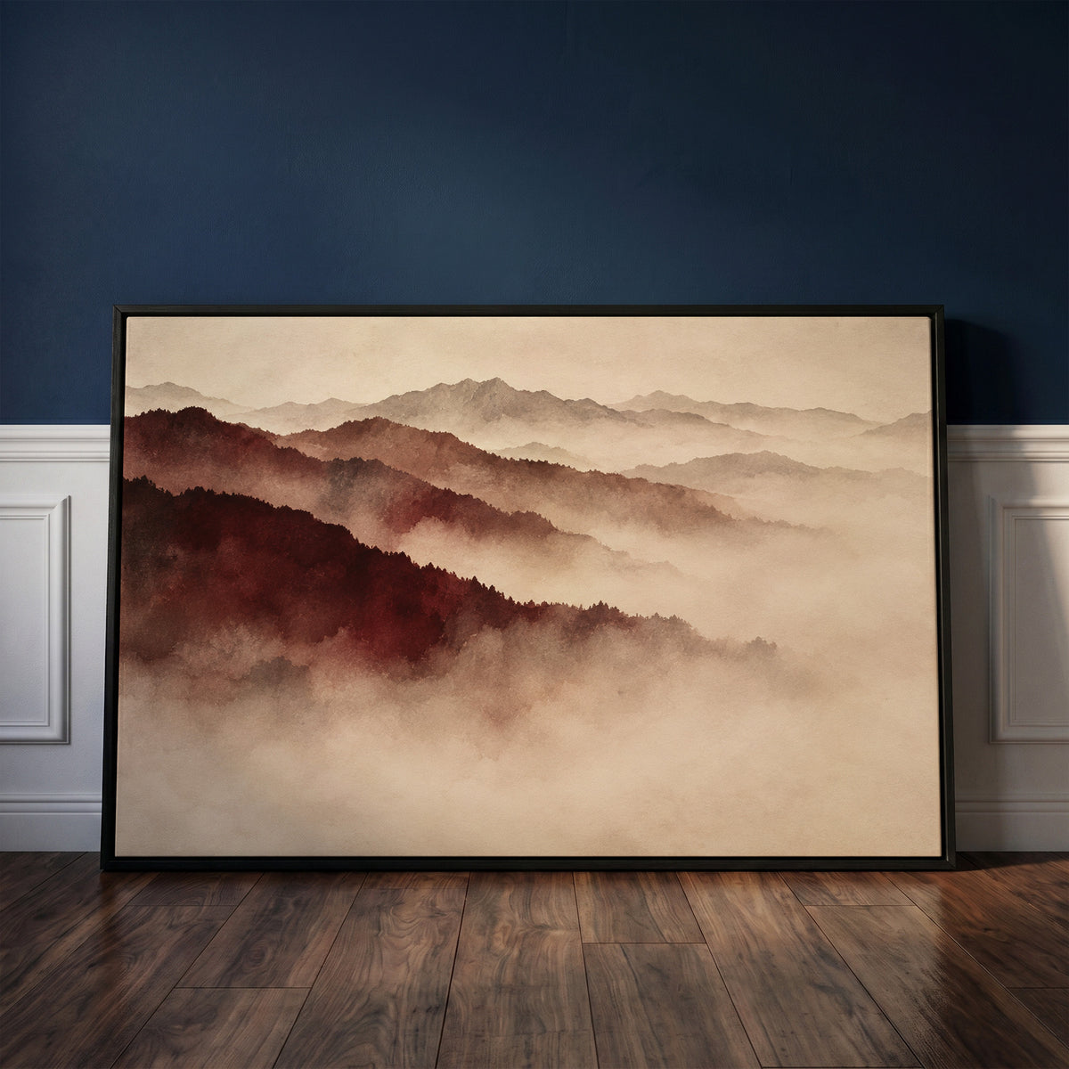 Minimalist canvas wall art showing layered mountain ridges in deep red fading into pale mist toward the horizon