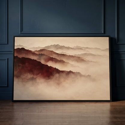Misty mountain canvas wall art showing layered mountain ridges in deep red fading into pale mist toward the horizon