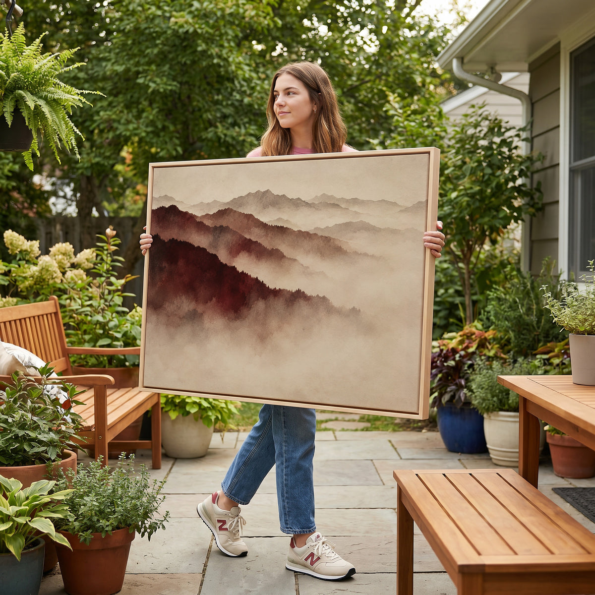 Zen canvas wall art showing layered mountain ridges in deep red fading into pale mist toward the horizon