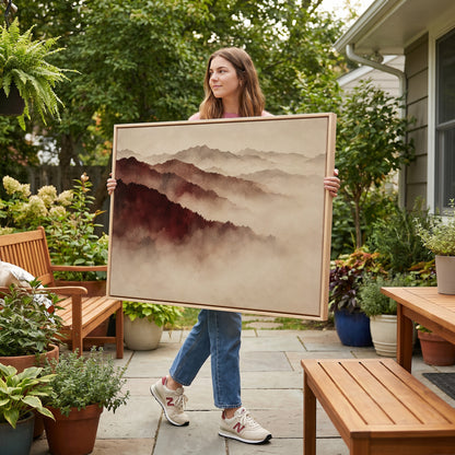 Zen canvas wall art showing layered mountain ridges in deep red fading into pale mist toward the horizon