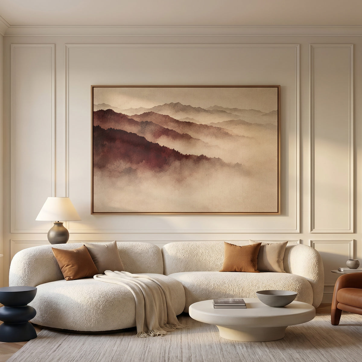 Layered mountain ridges in deep red fading into pale mist toward the horizon, canvas print