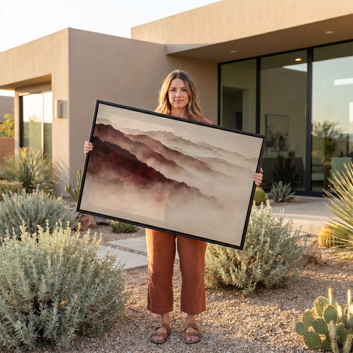 Neutral canvas wall art showing layered mountain ridges in deep red fading into pale mist toward the horizon