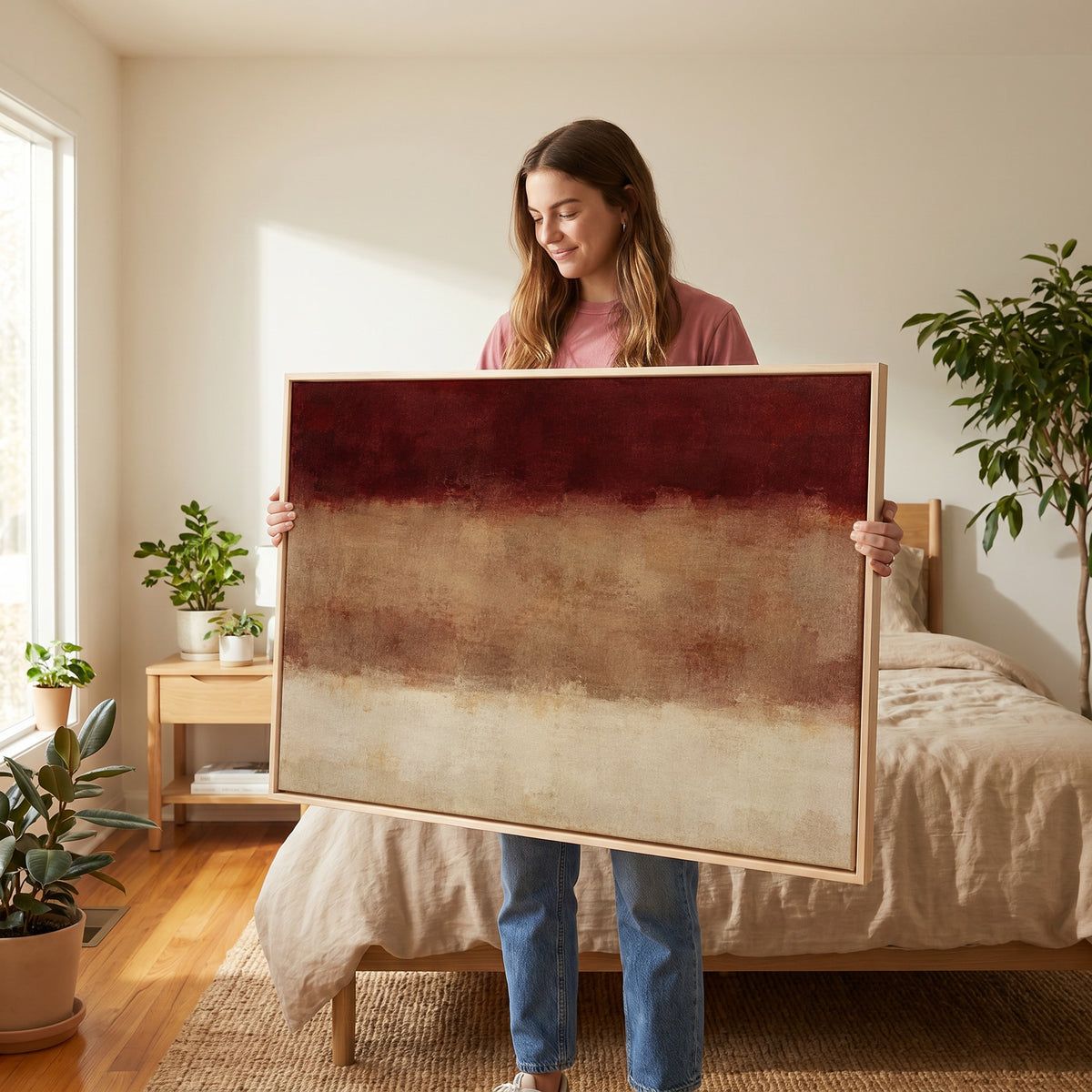 Abstract canvas wall art showing three horizontal bands of deep red, warm clay and bone cream with soft blurred edges