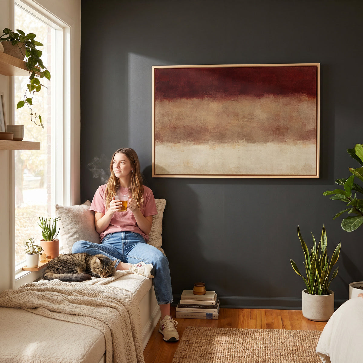 Three horizontal bands of deep red, warm clay and bone cream with soft blurred edges, wall art print