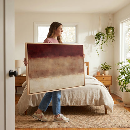Three horizontal bands of deep red, warm clay and bone cream with soft blurred edges, abstract horizontal canvas print