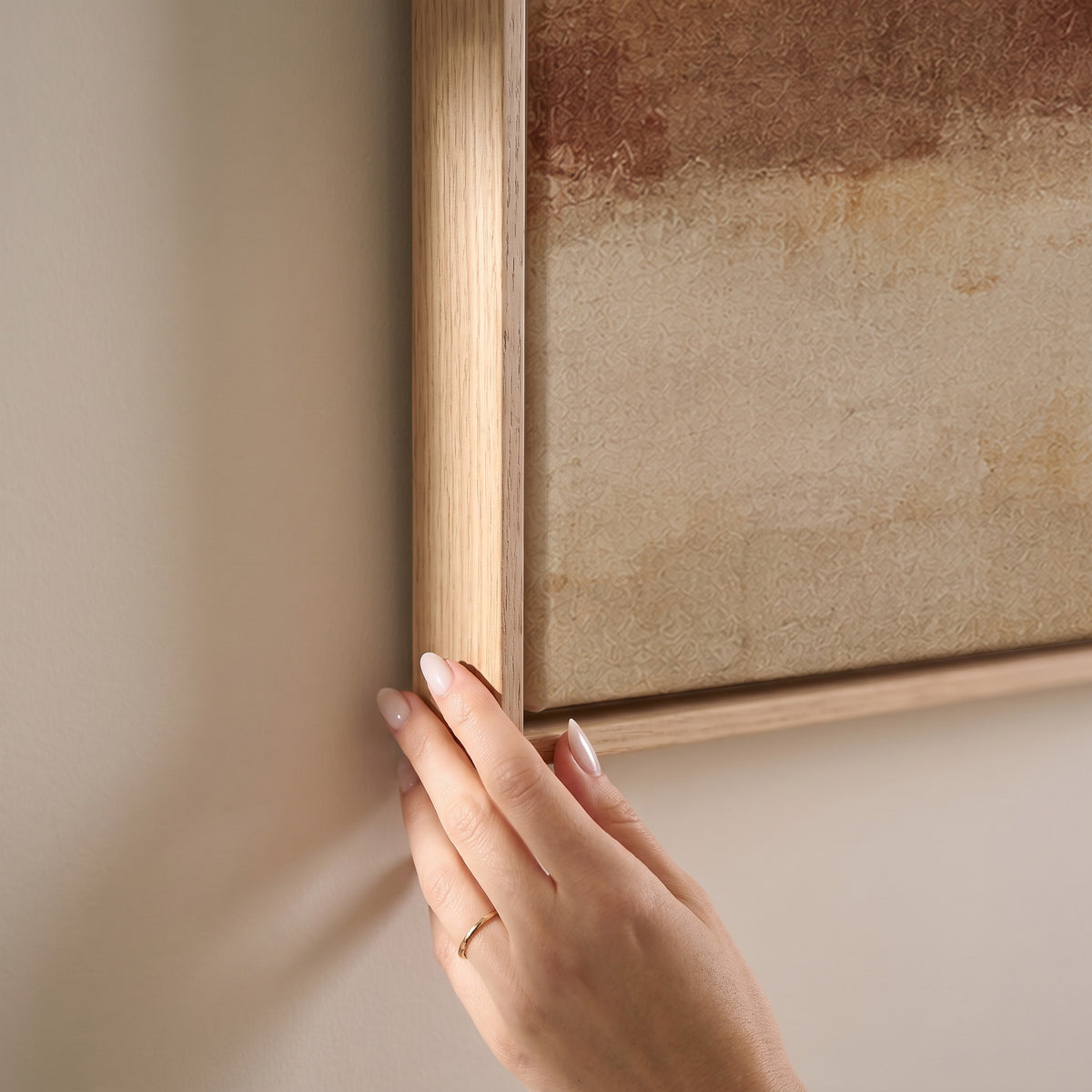 Three horizontal bands of deep red, warm clay and bone cream with soft blurred edges, horizontal canvas print