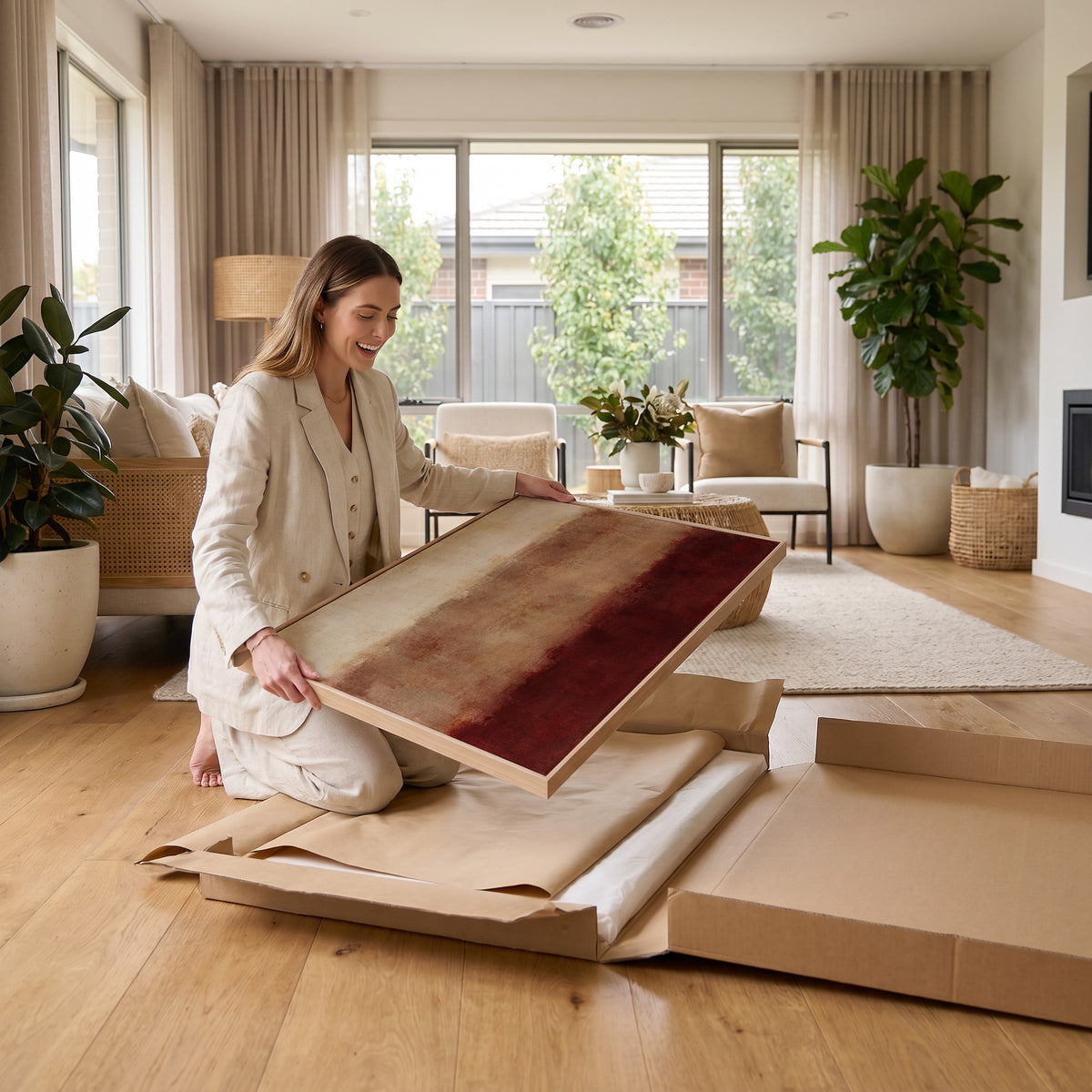 Earth tone canvas wall art showing three horizontal bands of deep red, warm clay and bone cream with soft blurred edges