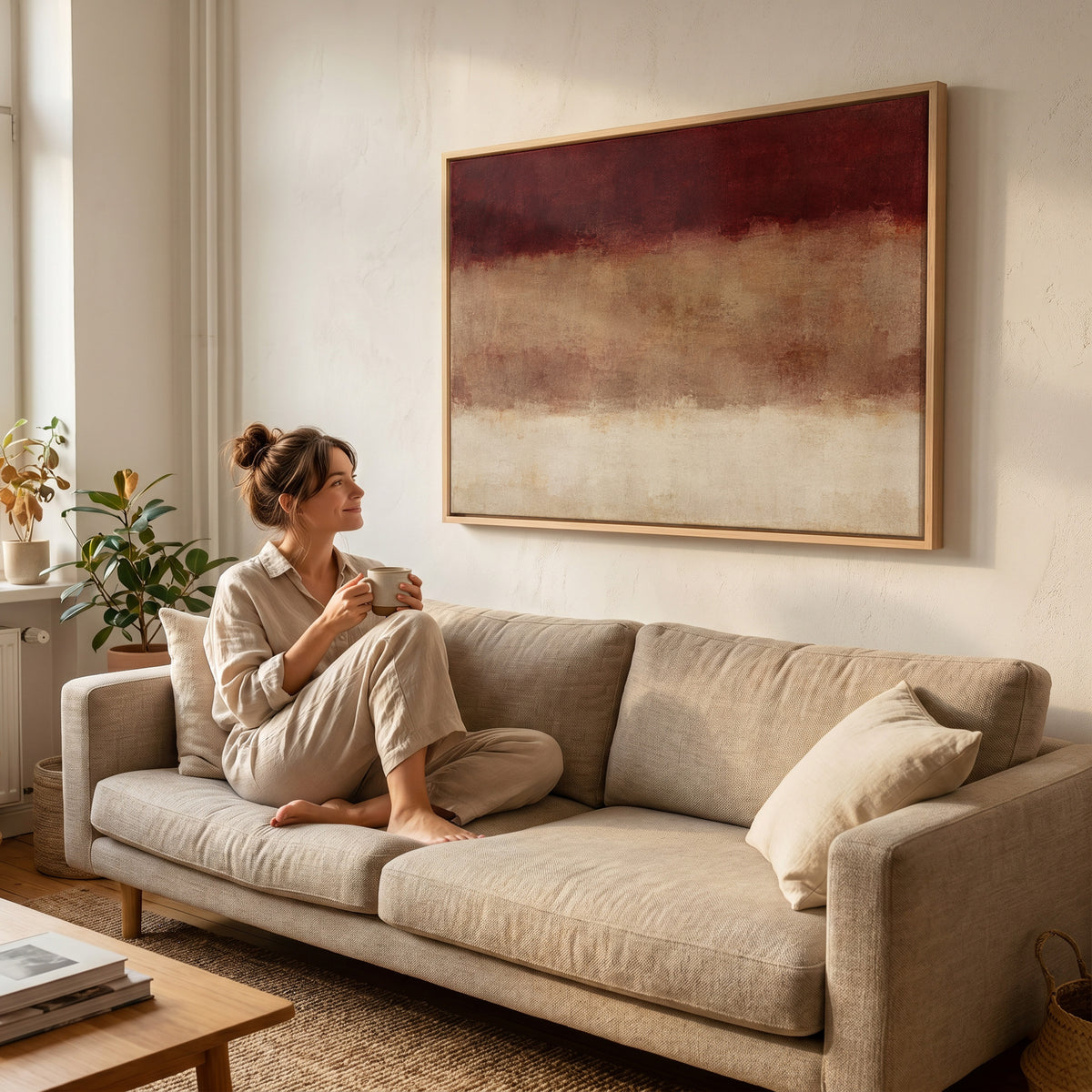 Three horizontal bands of deep red, warm clay and bone cream with soft blurred edges, canvas art print
