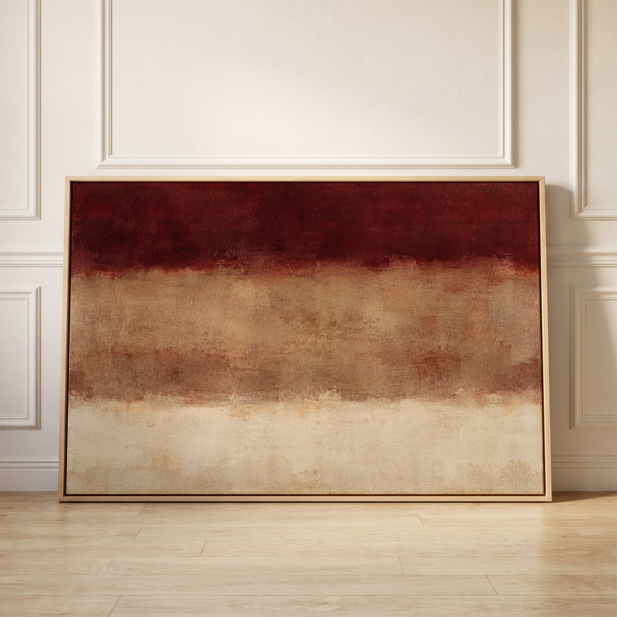 Three horizontal bands of deep red, warm clay and bone cream with soft blurred edges, canvas wall art