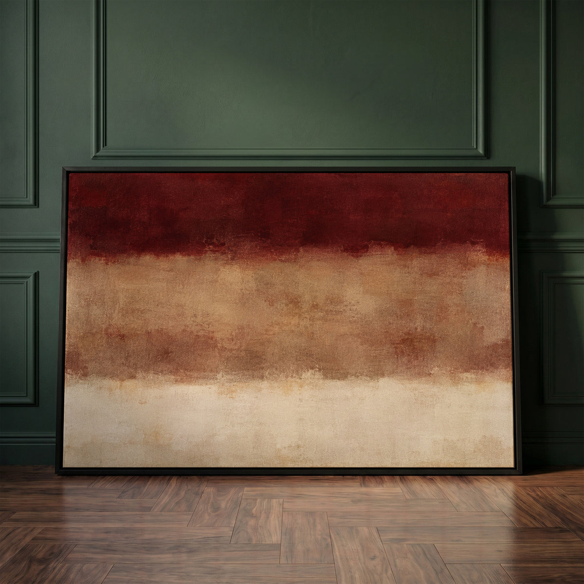 Burgundy study canvas wall art showing three horizontal bands of deep red, warm clay and bone cream with soft blurred edges