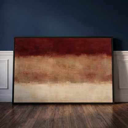 Minimalist canvas wall art showing three horizontal bands of deep red, warm clay and bone cream with soft blurred edges
