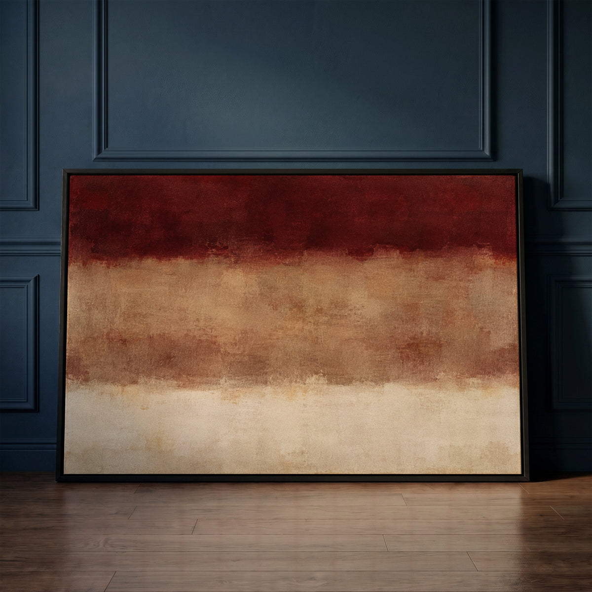 Modern abstract canvas wall art showing three horizontal bands of deep red, warm clay and bone cream with soft blurred edges