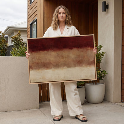 Three horizontal bands of deep red, warm clay and bone cream with soft blurred edges, colour field canvas print