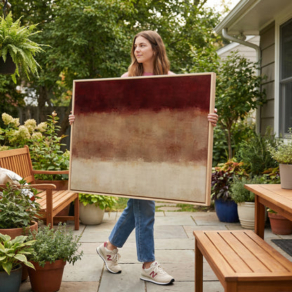 Three horizontal bands of deep red, warm clay and bone cream with soft blurred edges, canvas print