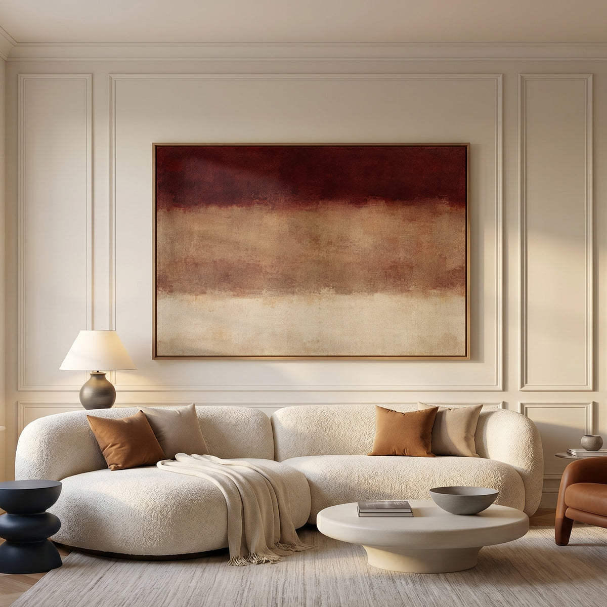 Colour field canvas wall art showing three horizontal bands of deep red, warm clay and bone cream with soft blurred edges