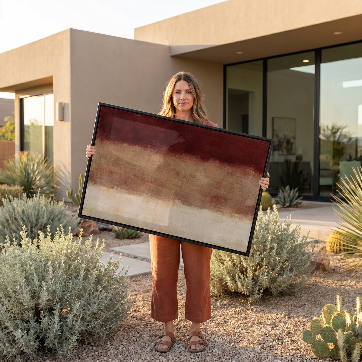 Burgundy canvas wall art showing three horizontal bands of deep red, warm clay and bone cream with soft blurred edges