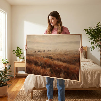 Horses in mist canvas wall art showing line of wild horses walking through fog across a rust and brown moorland